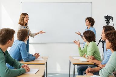 教育者と学生がホワイトボードを囲む学びのトーク番組